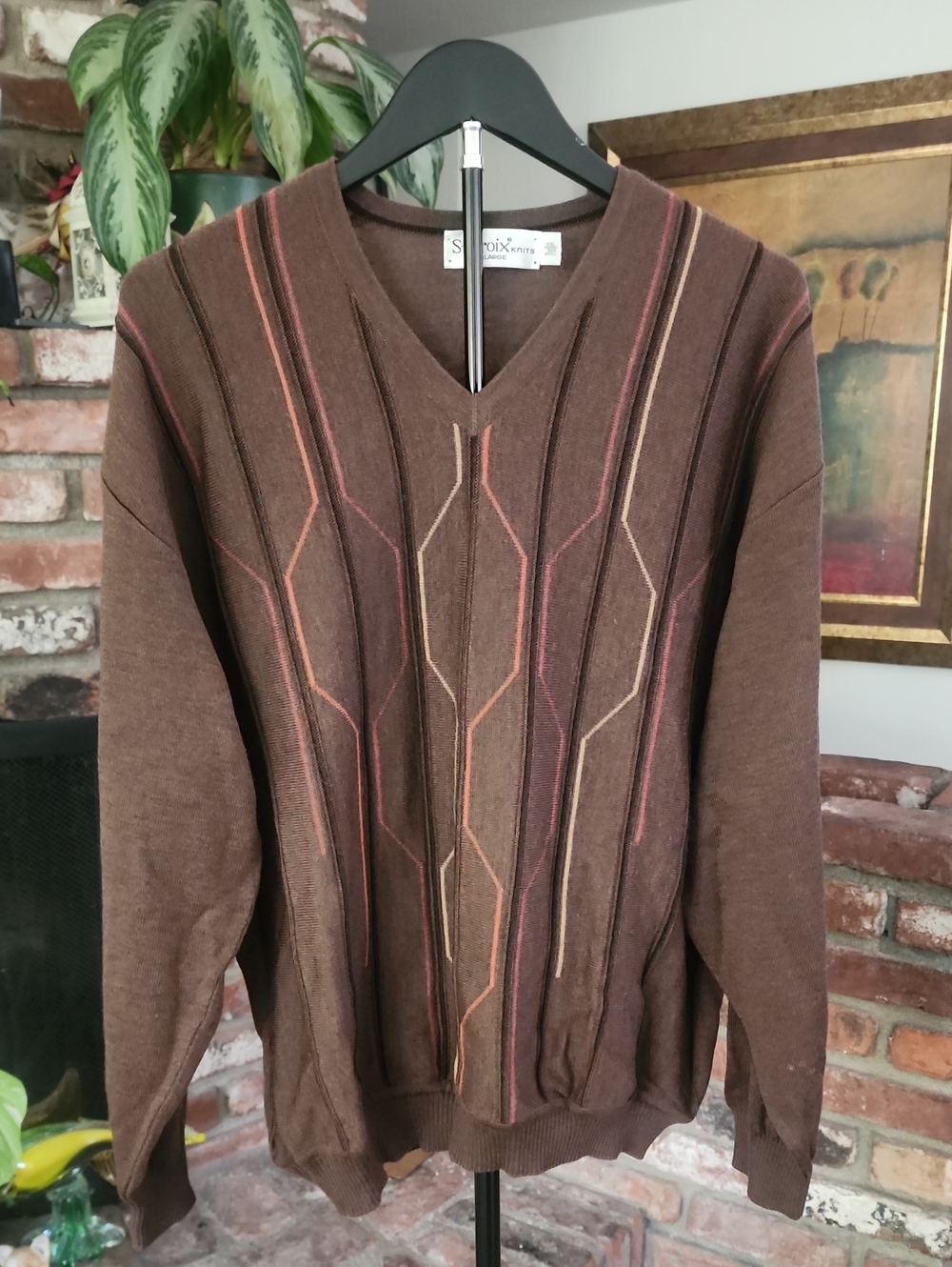 St. Croix Knits Large 85% Wool Brown Geometric V-Neck Sweater Grandpacore
